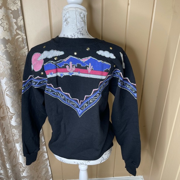 Vintage 90s Southwest Glitter Desert Travel Pastel Crewneck Sweatshirt Medium - Picture 3 of 4